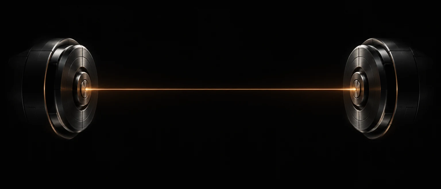 Two public settlement endpoints connected by a thin proof beam through a hidden dark center.